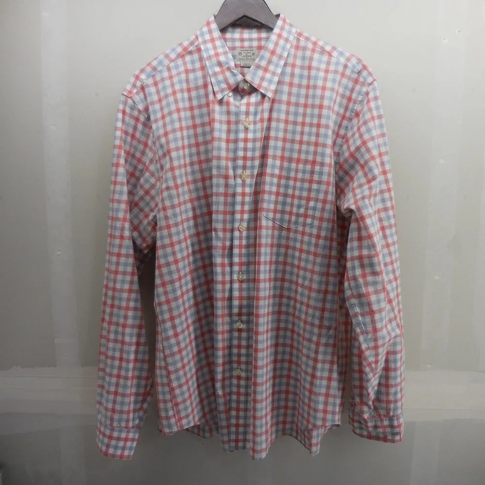 J.Crew Mens XL Lightweight Button Down Shirt Red Blue Gingham Plaid Tailored Fit